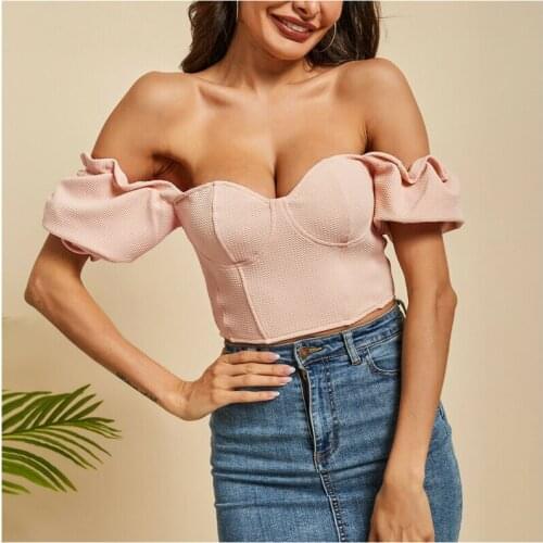 Meihuida Sweet Women Girl Off Shoulder Bandeau Pink Blouses Ladies Summer Puff Short Sleeve Back Zipper Crop Top Shirts Blusas