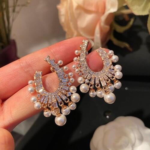 Fashion Women Jewelry Bride Crystal Pearl Tassel Vintage Earrings Classic Ethnic Geometric CROWN Cubic Zirconia Friends Gift