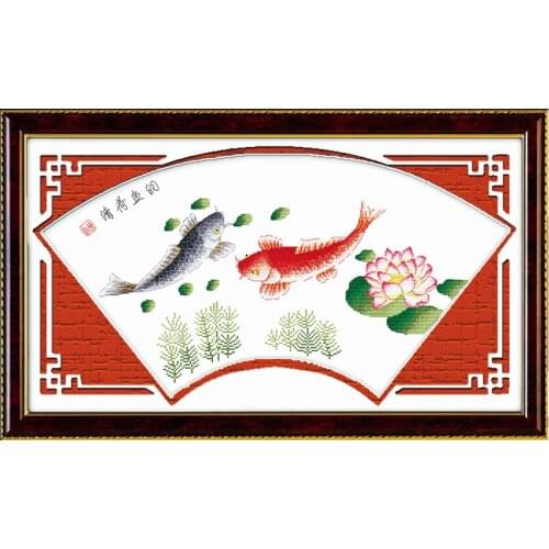 Fishes with lotus cross stitch kit 14ct 11ct pre stamped canvas cross stitching animal lover embroidery DIY handmade needlework