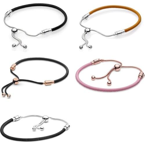 NEW 2020 100% 925 Sterling Silver Moments Leather Slider Black and Pink Bracelet Fit DIY Charm Original Fashion Jewelry Gift