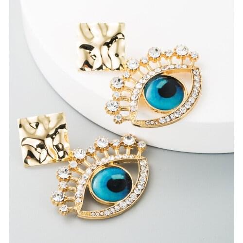 Wholesale Crystal Metal Blue Eye Shaped Earring Fashion Rhinestone Drop Earrings Accessories For Women High-Quality Jewelry