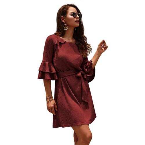 Autumn Women Three Quarter Sleeve Knitting Cotton Dress Mini Dress Female O Neck Ruffles Sleeve Lace Up Short Bandage Dresses