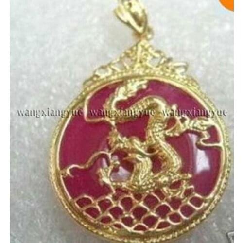 Red jadeite Inlay Dragon Pendant Necklace 18"