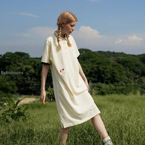 Casual Loose Cotton Dress For Teenage Girls Short Sleeve Women Beige Dresses Calf-lengh Summer New Design Preppy Style