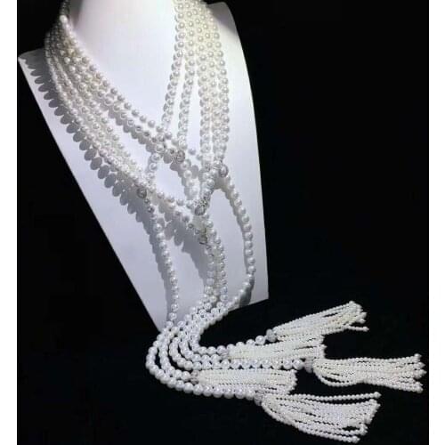 Hand knotted 100cm 8-9mm white nearly round freshwater pearl tassels micro inlay zircon necklace sweater chain fashion jewelry