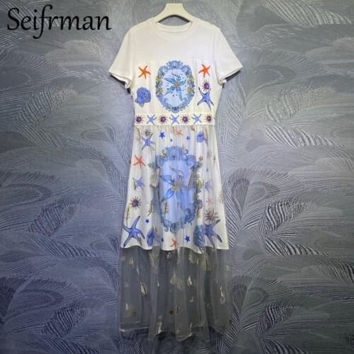 Seifrmann New 2021 Summer Women Fashion Designer Party A-Line Dress Short Sleeve Gorgeous Crystal Beading Patchwork Long Dresses