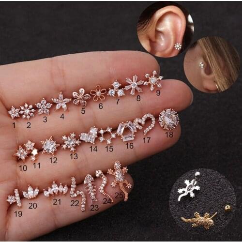 1Pc Stainless Steel Cz Star Moon Flower Cartilage Earrings 25 Styles Helix Piercing Jewelry Conch Rook Lobe Tragus Stud Earring