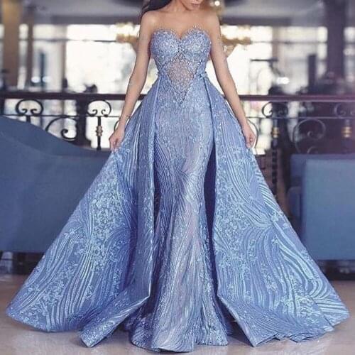 SuperKimJo Blue Lace Applique Prom Dresses with Detachable Skirt Sweetheart Neck Elegant Luxury Prom Gown Robe De Soiree
