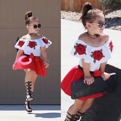Toddler Baby Kids Girl Off Shoulder Embroidery Rose Flowers Tops+skirts Outfits Clothes For Girls 10 Years Girl Summer Clothes