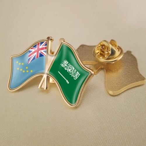 Tuvalu and Saudi Arabia Crossed Double Friendship Flags Lapel Pins Brooch Badges
