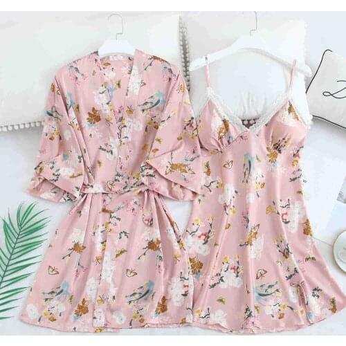 Women Flower Print Kimono Robe Gown Set Sexy V-Neck Backless Nightdress Suit Sweet Pink Home Dress Lace Trim Sleepwear Bathrobe