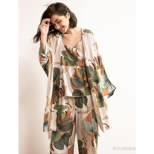 Women Summer Thin Floral 3 Pieces Viscose Pajama Sets Plus Size Sexy Robe Gown Set Comfort Suit Loose Sleepwear Cartoon Homewear