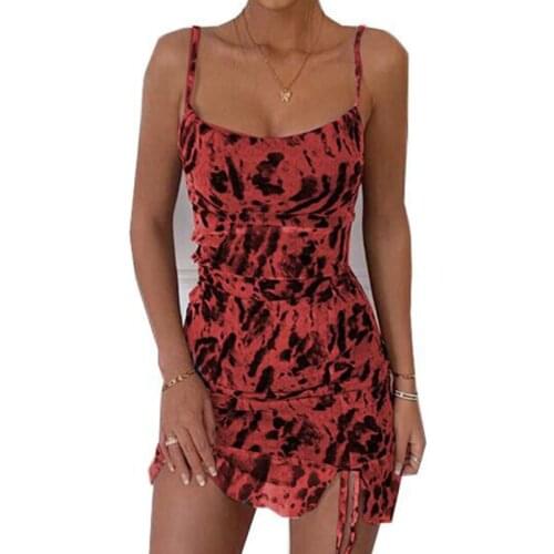 Women O-neck Spaghetti Strap Animal Print Ruched Cami Brick Red Dress Bodycon Sexy Party Dress 2021 4 Color