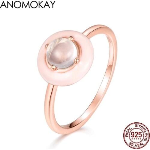 Anomokay New Arrivals Pink Rose Quartz Adjustable Rings for Women Rose Gold Color 925 Silver Ring for Party Anniversary