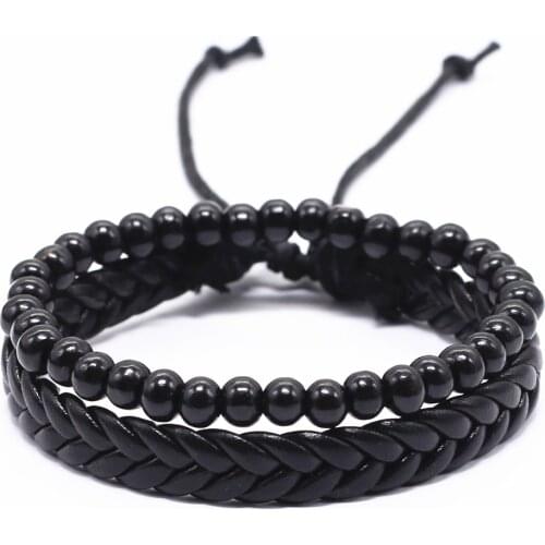 2pcs/set Fashion Black Men Bracelet Femme Homme Accesorios Pulseras Mujer Weave Beads Wrap Leather Bracelets for Women Jewellery