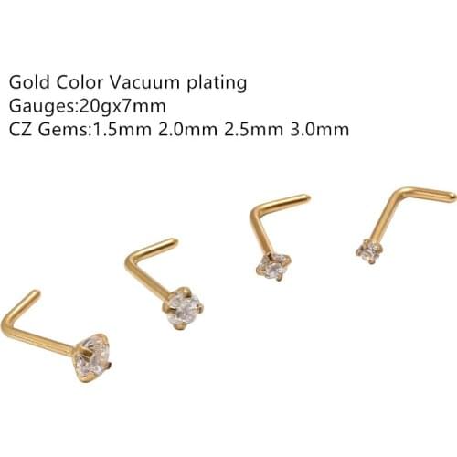 50pcs/Lot 20G Gold Color CZ Nose Stud Screw Surgical Steel Nose Ring Body Piercing 1.5mm 2mm 2.5mm 3mm L Shape Shine