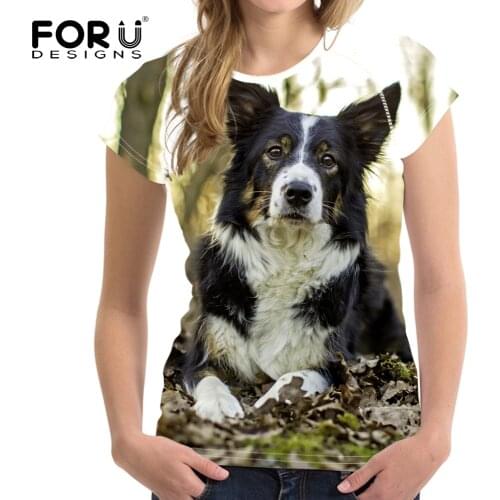 FORUDESIGNS Brand Design Woman Summer T Shirt Funny 3D Dog Little Border Collie Printed O Neck T-shirt for Teen Girls Short Tees