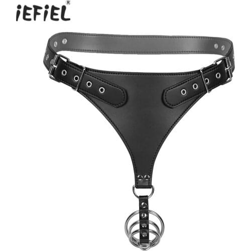 Black Men Exotic Lingerie Sissy Panties PU Leather Harness Underpants Underwear Adjustable Buckle O-ring Crotchless Briefs Thong