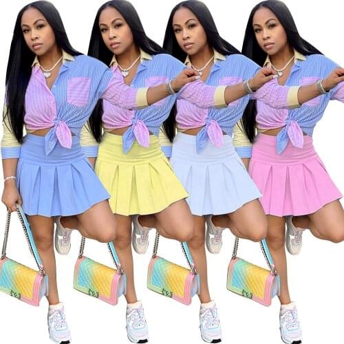 Chiclover Sweet Skirts Sets Wholesale Items Color Matching Spring Two Piece Set Striped Shirt and Pleated Skirt Dropshipping