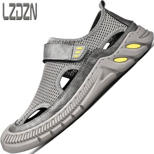 Shoes For Mens Summer Mesh Leather Casual Breathable Sandals Work Slippers Beach Flip Flops Outdoor Without Rear Holes Sneakers