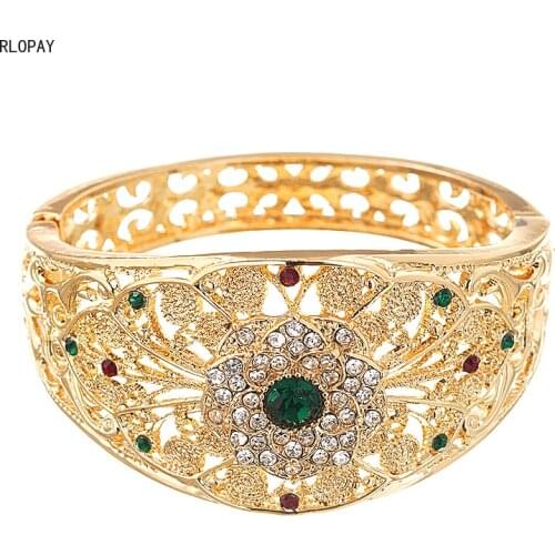 Morocco Designer Bracelets with Luxury Rhinestone Side Open Cuff Bracelets for Bridal Golden Jewelry Ladies Hand Bangles