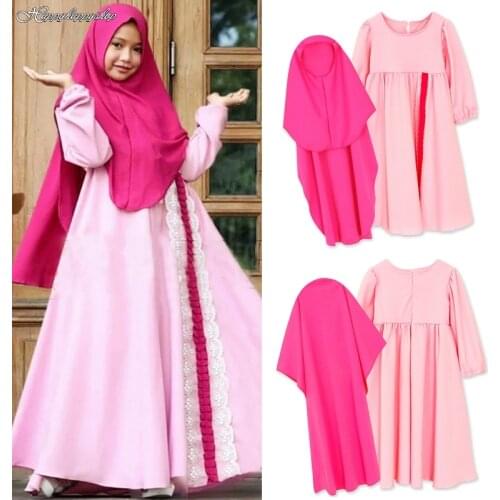 Muslim Islamic Girls Pink Traditional Abaya Dress Kids Hijab Burqa Robe Arabic Eid Mubarak Gown Prayer Dresses Headscarf Suits