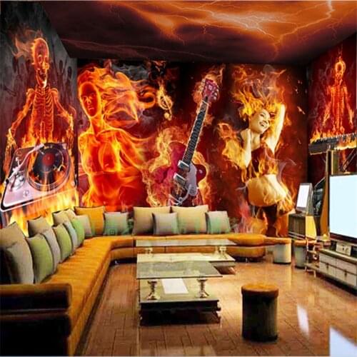 Beibehang papel de parede Custom 3D KTV Skeleton Large Mural Wallpaper Laser Reflective Guitar Music Bar Theme Wallpaper