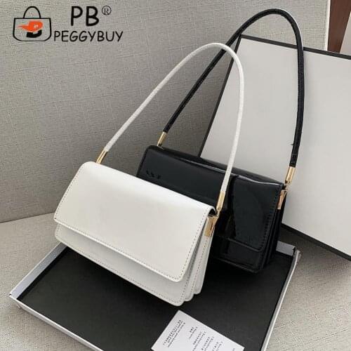 Simple Patent PU Leather Underarm Bags Women Solid Color Single Strap Shoulder Shopping Bags Ladies Flap Subaxillary Bags