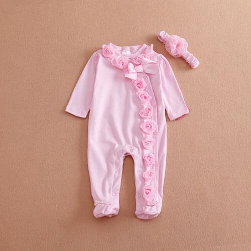 Pudcoco Newborn Baby Girl Clothes Solid Color Long Sleeve Lace Floral Romper Jumpsuit Headband 2Pcs Outfits Baby Clothes 0-9M