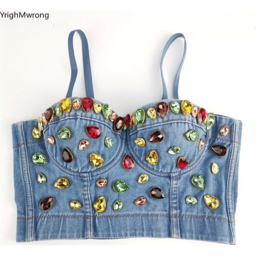 Rainbow Beading Rhinestone Diamonds Ripped Sexy Denim Off Shoulder Spaghetti Strap Bustier Bralette Club Festival Crop Top Tee