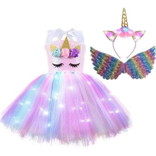 Christmas Unicorn Tutu Dress with LED Light Wings Sequins Girls Ball Princess Birthday Party Gift Halloween Cosplay Costume