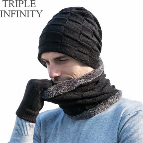 TRIPLE INFINITY New Winter Warm Beanies Hats Casual Adult Men Bonnet Male Knitted Beanie Elastic Thick Hats Three-piece Suit