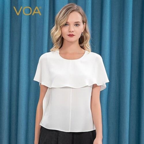 VOA Heavy Silk 30m/m Milk White Round Collar Covered Shoulder Short Sleeve Flange Turtleneck Stiff Anti-wrinkle T-shirt BE212