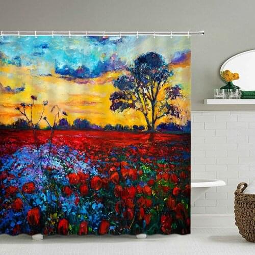 Waterproof Fabric Shower Curtains Oil Painting Flowers landscape Pattern Bath Screen Decoration Bathroom Printed Shower Curtain
