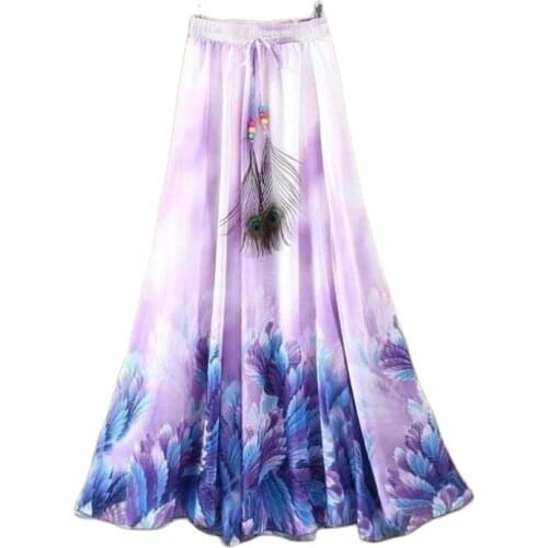 Summer Womens skirt Beach Bohemian Women Chiffon Flower Print Drawstring Maxi Long Skirt Womens Clothing 2021