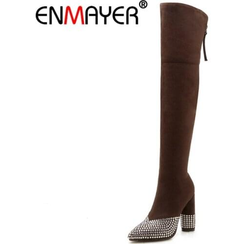 ENMAYER Woman Over The Knee High boots Winter Causal Pointed toe Slip on Stretch thigh High boots Zipper Black Size 33-46 CR1475