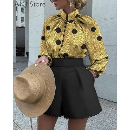 Women Polka Dot Button Design Long Sleeve Top & Solid Shorts Set