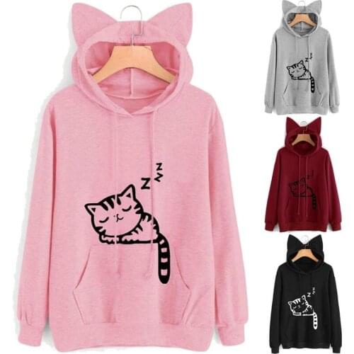 Womens Cute Cat Ear Sweatshirt Hooded Pullover Casual Hoodie Lined Drawstring Jumper Coat Top Blouse
