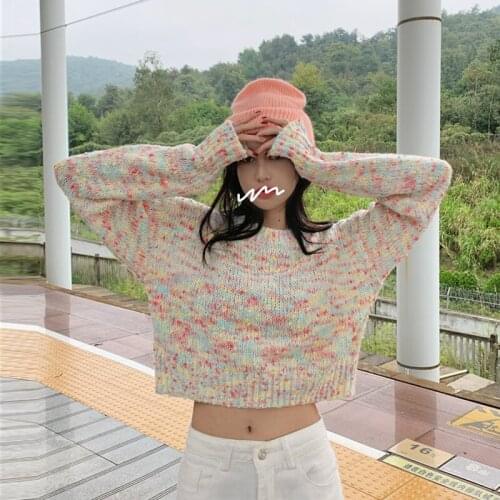 WomenS Sweater Crop Top 2020 Autumn Korean O-Neck Long-Sleeve Sweet Kawaii Knit Pullover Sweater Female Loose Girly Y2k Sweater