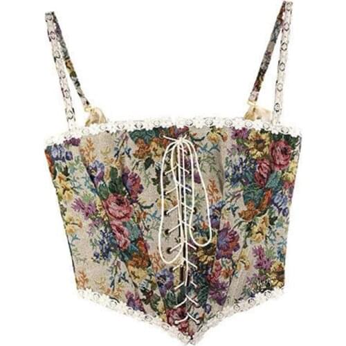 French Vintage Print Halter Tops Women Elegant Designer Chic Bandage Floral Corset Shirts Sexy Style Party Club Ladies Top