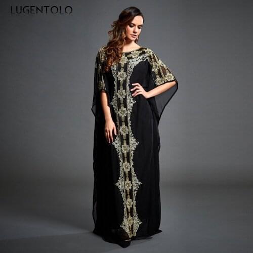 Chiffon Dress Women Beach Vacation Fashion Muslim Print Round Neck Dresses Female Casual Loose Big Swing Dress Lugentolo