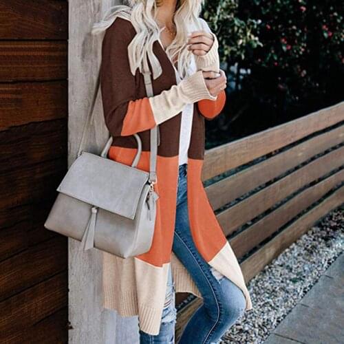 Winter Women Color Block Long Sleeve Cardigan Open Front Tunic Knitted Sweater Womens Clothing Cardigan Color Block Loose Sweat