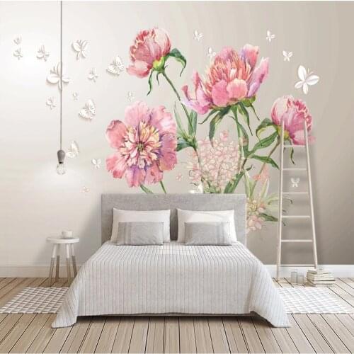 3D Wall Mural Wallpaper 3D Watercolor Peony Flower Butterfly Wall Cloth Living Room Wall Home Decor Fresco Papel De Parede 3D