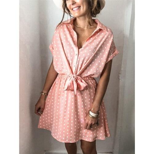 Bohomien summer short dress Sexy pink green short sleeve polka dot printed highwaist dress Chic beach vocation sundress vestidos