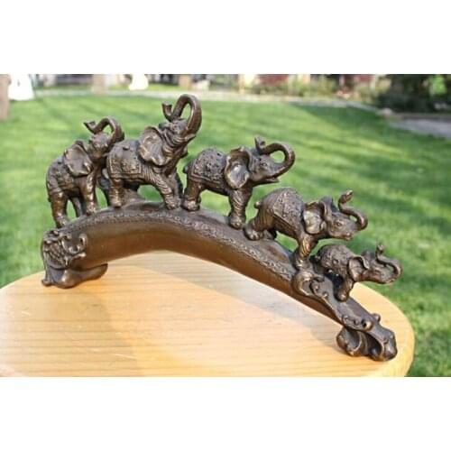 13.8" Western Art Decoration Auspicious Five Elephants Bronze Marble Statue