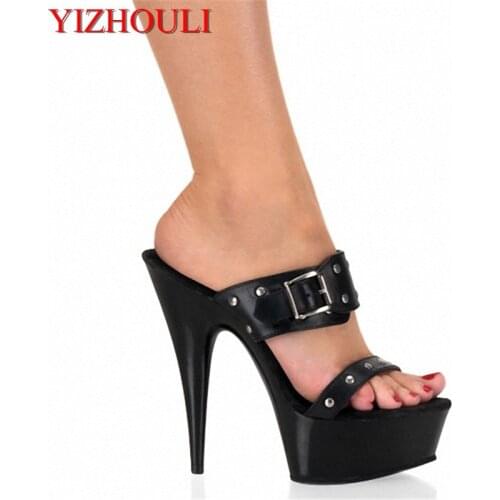 Black Color Buckle Platform 15cm Ultra Slippers Womens 6 Inch Lady High-Heeled Dance Shoes