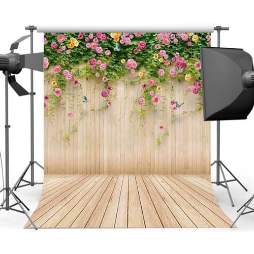 Mehofoto Wood Backdrops for Photography Pink Floral Photo Background for Photo Booth Studio Props Vinyl Wooden Floor Backdrop 87