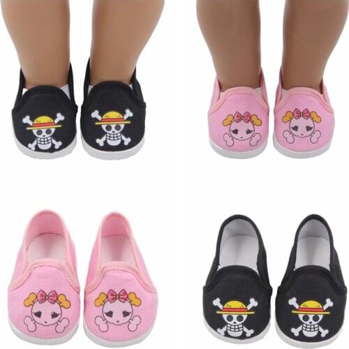 Causual Doll Shoes for 18 inch American Doll 43cm Girl Doll Cute Skull Design Pink /Black Doll Mini Show Dccessories Toys for K