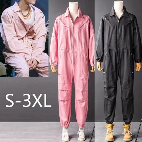 Mens Jumpsuit Lapel Long Sleeve Multi-Pocket Ankle Length Beam Feet Overalls Fashion Black Pink Freight Trousers Cargo Pants3XL