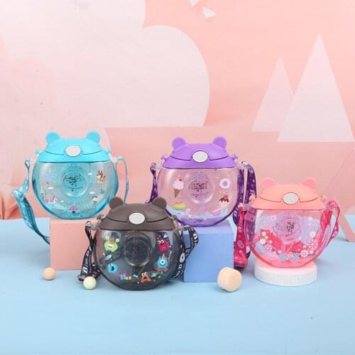 Creative Donuts Water Bottle with Silicone Straw Cute Cartoon Portable Plastic Drinking Bottle with Strap BPA Free Drinkware